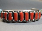 Kewa Pueblo Sgnd Mediterranean Coral Sterling Silver 15gem Row 37g Cuff Bracelet