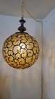 Vtg Mid Century Modern Xxl Swag Lamp Crackle Amber Glass Globe Brass Swirl