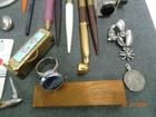 Vtg Junk Drawer Lot Pens Coins Keys Knives Sunglasses Bolo Clasp Ring Watch Ect