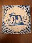 Antique 17thc Dutch Delft Tile Pair 2 Delftware Blue White Wan-li Goat 1620-1650