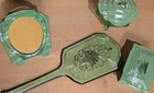 Art Deco Pearlized Green   Black Celluloid 4 Piece Dresser Vanity Set Bakelite 