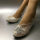 Su cheny- Lace White Ivory Crystal Flats Low High Heel Pump Wedding Bridal Shoes