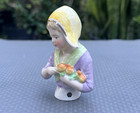 Antique German 3 25  Porcelain Half Doll Pin Cushion -dutch Girl Holding Flowers