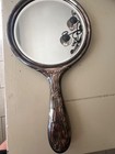 Silver Plated Hand Mirror Vintage Aged Patina Embossed Round Floral Design Heavy