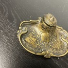 Antique Bronze Metal Ink Well With Pen Rest Porcelain Ink Well Art Nouveau