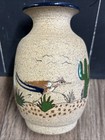 Vintage Tonal Mexican Pottery Signed Roadrunner Vase Cactus Desert Folk Art D9