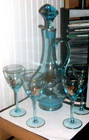 Vintage Set Aqua Blue Gold Trim Wine Decanter W 4 Stem Goblets Bohemian Elegant