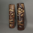 Set Of 2 Hand Carved Wood Sun And Flower Polynesian Style Tiki Masks 20 Inches