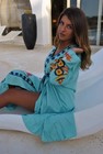 Women Cotton Turquoise Embroidered Bird Kaftan Maxi Dress By Gipci
