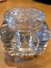Vtg  Clear Glass  Rounded Inkwell With Etched Grid Lid  Heavy