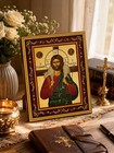 Good Shepherd Greek Byzantine Gold Foil Icon In Burgundy Frame - Jesus Christ