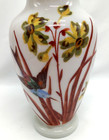 Antique Vase Hand Painted Art Glass Crimped Amber Crest Swallow Flowers Glows