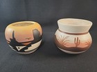 Vintage Lot Of 2 Hand Painted Southwest Desert Scene Pottery Planters 1 Signed