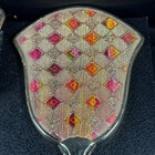 Vintage Vanity Set Hand Mirror   Brush Gold Tone Embroidered Pink Orange Diamond