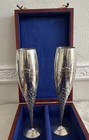  Pair Irish Mullingar Pewter Claddagh Champagne Wedding Toasting Flutes Boxed