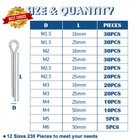 230pcs 12 Sizes Cotter Pins Assortment Kit 304 Stainless Steel Split Pin 