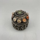 Vintage Silver Tone Metal Trinket Pill Box With Stones Velvet Lined 2 x 1 5   