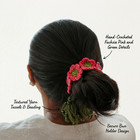 Handmade Crochet Pink Flower Hair Tie Paranda Bun Wrap Tassel Hair Accessory