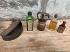 5 Pc Antique Apothecary Bottle Pineoleum Scholler Thread Oiler Tin Bait Box