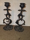 Antique Pair Of Cast Iron Gothic Griffon Candle Holders  Dragon Metalwork