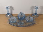 Antique 1930s Art Deco Blue Glass Dressing Table Set 7 Pieces In Vgc