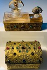 Empire   2 Antique Brass Jeweled Ormolu  Casket  perfume Caddy 2 Perfume Bottles