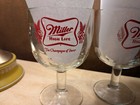 Vintage Miller High Life Beer Thumbprint Goblet Stem Glass Logo Mug Set Of 2