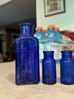 4 Antique Pretty Blue Bottles Bromo Seltzer Everlasting Black Dye Milk Magnesia