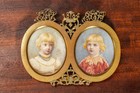 Amazing Portrait Miniature Painting Brass Frame Antique Victorian Boy And Girl