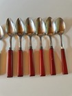 Vtg Art Deco Mix Lot Cherry Red Bakelite Handle Stainless Steel Flatware  14 