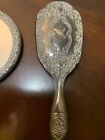 Vintage Vanity Ornate Set Silver Plate  Mirror  Brush   Jar