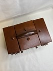 Wooden Sewing Box Tabletop Accordion Fold Out 7 Compartments   Handle Vintage