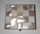 Vtg Brass Compact Mother Of Pearl  Checkerboard Lid W mirror Deco Style Cosmetic