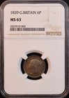 1839 Great Britain  queen Victoria  Silver 6 Pence - Ngc Ms63  Pretty Toning  Pq