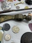 Junk Drawer Lot Vintage Axe Head Ladle Badge Binoculars Coin Baseball Card Knife