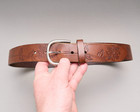 Brown Leather Belt Womens Sz M Tooled Floral Embossed Nickel Buckle 1 5  Wide