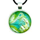 Handmade Pendant Necklace   Earring Set  green Mountain  Silver Bezel Black Cord