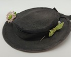 Vintage Antique Black Hat With Flower And Ribbon   9  Diameter