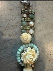 Mary Demarco Signed Floral Rose Statement Bracelet Green Rhinestone Pearl