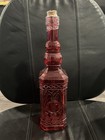 Vtg Red Glass Decorative Bottle 11 3 4    Raised Design W  Cork Handcrafted 