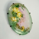 Antique Victorian Porcelain Hand Painted Floral Yellow Rose Leaf Flower Brooch