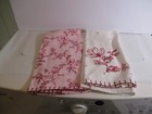 2- 100  Cotton Tea Towels Vintage  French Style Pink White Maroon W Trim 28  Sq 