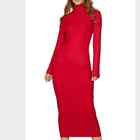 Mock Neck Long Sleeve Bodycon Ribbed Knit Sweater Midi Dress Red Black