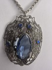 Blue Czech Deco Glass Pendant Silvertone Marquise Glass On Antique Box Chain