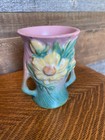 Vintage Roseville Pottery Pink   Blue grn Peony Double Handle Vase 57-4