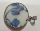 Antique Sterling Silver Porcelain Ceramic Disk Hand Made Pendant 55037