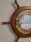 Vintage Nautical Porthole Mirror Captain Ship Wheel 18  Opens Brass Wood Hinges