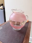 Vintage Mcm Glass Pitcher Clear And Frosted Glass Gold And  Pink With  Ice Lip