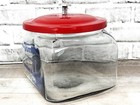 Tom s Toasted Peanut Glass Jar Counter Display Red Metal Lid Blue Print 8  Wide
