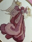 Vintage Framed Cross Stitch Angel Lantern Lavender   Lace Style Mauve Pink 15x17
